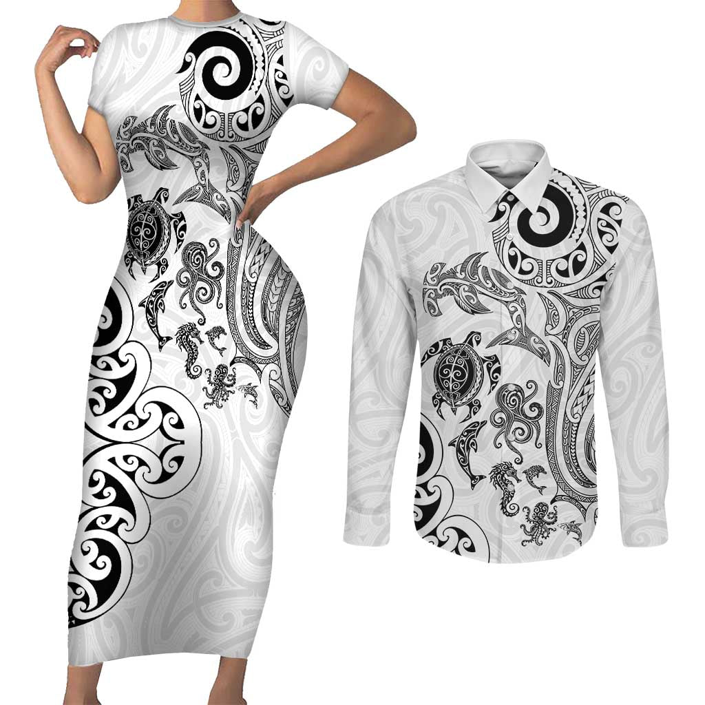New Zealand Sea Animals with Maori Tribal Tattoo Couples Matching Short Sleeve Bodycon Dress and Long Sleeve Button Shirt White Color LT03 White - Polynesian Pride