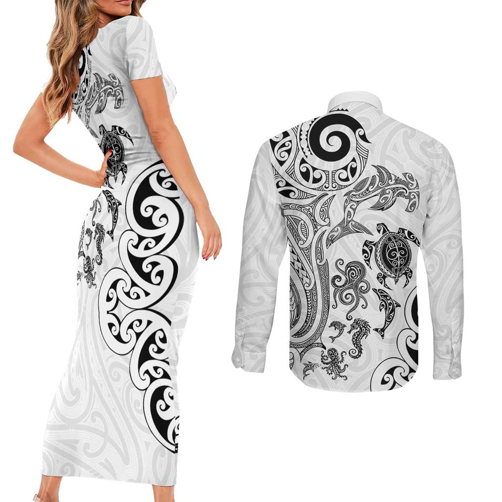 New Zealand Sea Animals with Maori Tribal Tattoo Couples Matching Short Sleeve Bodycon Dress and Long Sleeve Button Shirt White Color LT03 - Polynesian Pride