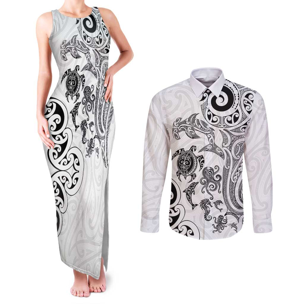 New Zealand Sea Animals with Maori Tribal Tattoo Couples Matching Tank Maxi Dress and Long Sleeve Button Shirt White Color LT03 White - Polynesian Pride