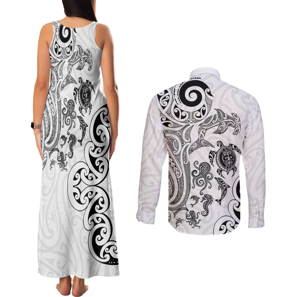 New Zealand Sea Animals with Maori Tribal Tattoo Couples Matching Tank Maxi Dress and Long Sleeve Button Shirt White Color LT03 - Polynesian Pride