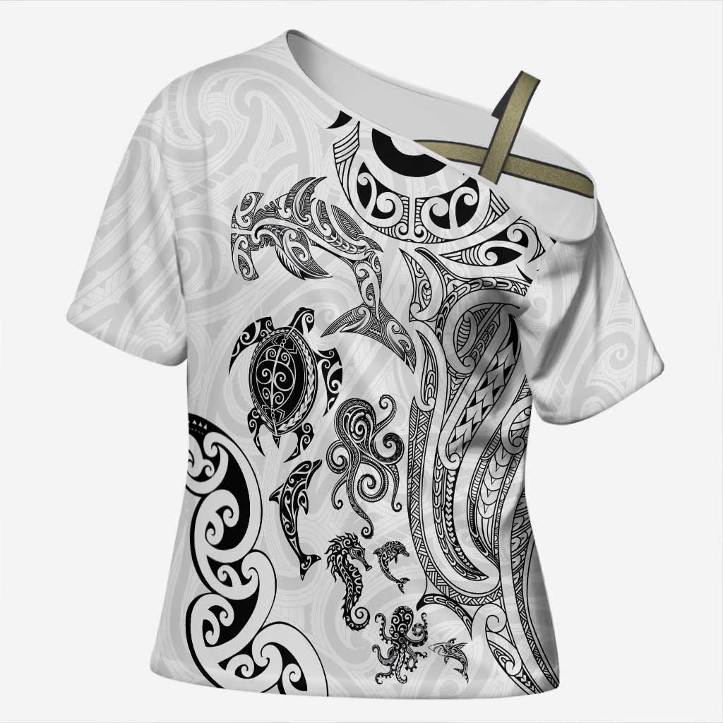 New Zealand Sea Animals with Maori Tribal Tattoo Cross Shoulder Shirt White Color LT03 Female White - Polynesian Pride