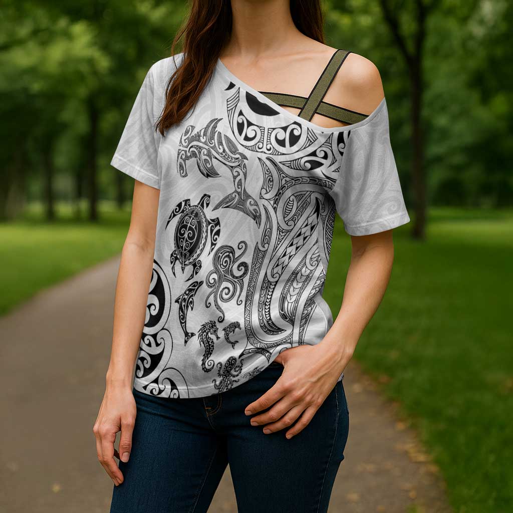 New Zealand Sea Animals with Maori Tribal Tattoo Cross Shoulder Shirt White Color LT03 - Polynesian Pride