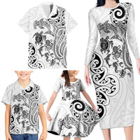 New Zealand Sea Animals with Maori Tribal Tattoo Family Matching Long Sleeve Bodycon Dress and Hawaiian Shirt White Color LT03 - Polynesian Pride