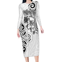 New Zealand Sea Animals with Maori Tribal Tattoo Family Matching Long Sleeve Bodycon Dress and Hawaiian Shirt White Color LT03 Mom's Dress White - Polynesian Pride