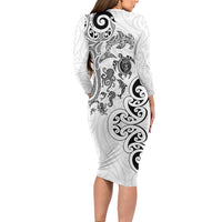 New Zealand Sea Animals with Maori Tribal Tattoo Family Matching Long Sleeve Bodycon Dress and Hawaiian Shirt White Color LT03 - Polynesian Pride