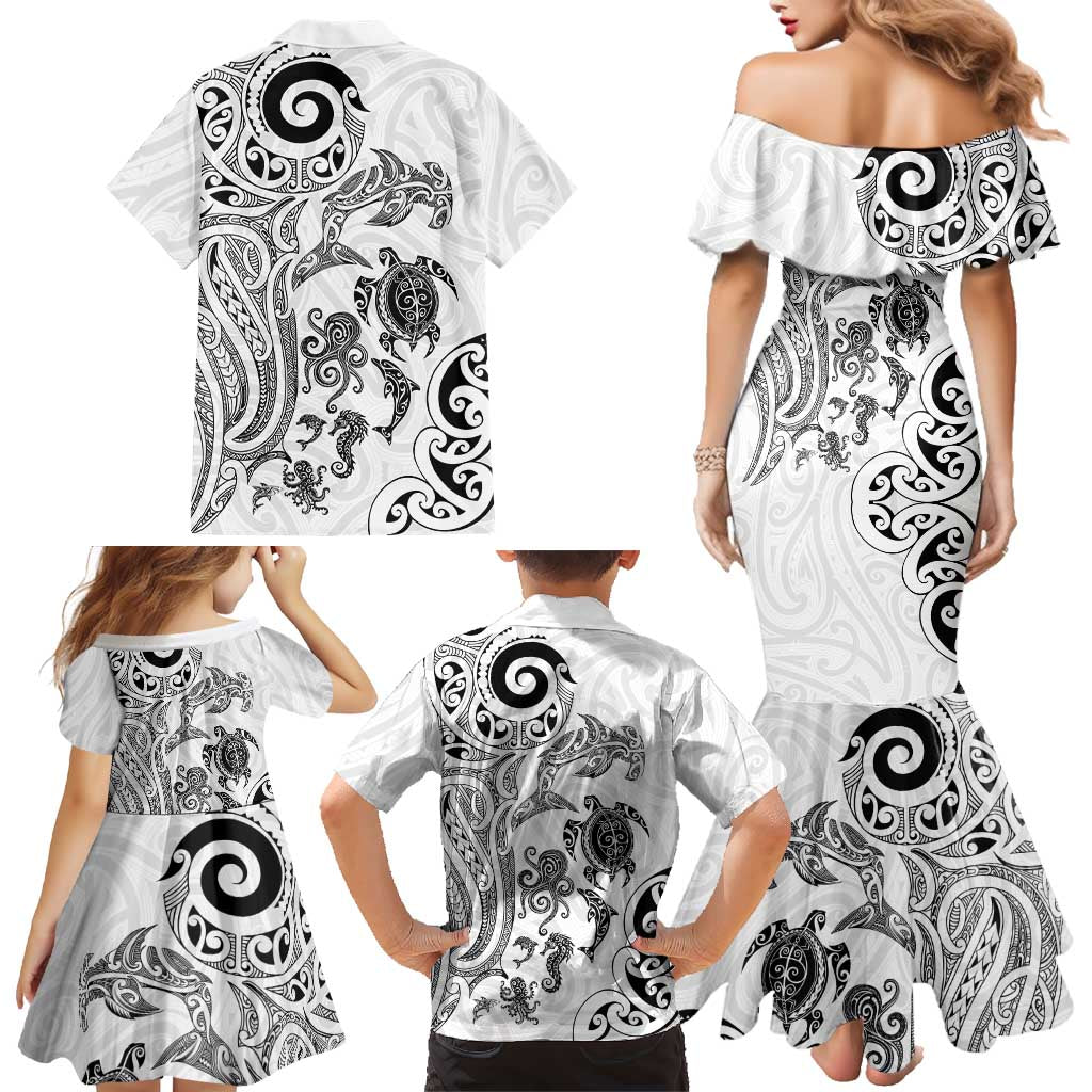 New Zealand Sea Animals with Maori Tribal Tattoo Family Matching Mermaid Dress and Hawaiian Shirt White Color LT03 - Polynesian Pride