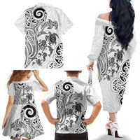New Zealand Sea Animals with Maori Tribal Tattoo Family Matching Off The Shoulder Long Sleeve Dress and Hawaiian Shirt White Color LT03 - Polynesian Pride
