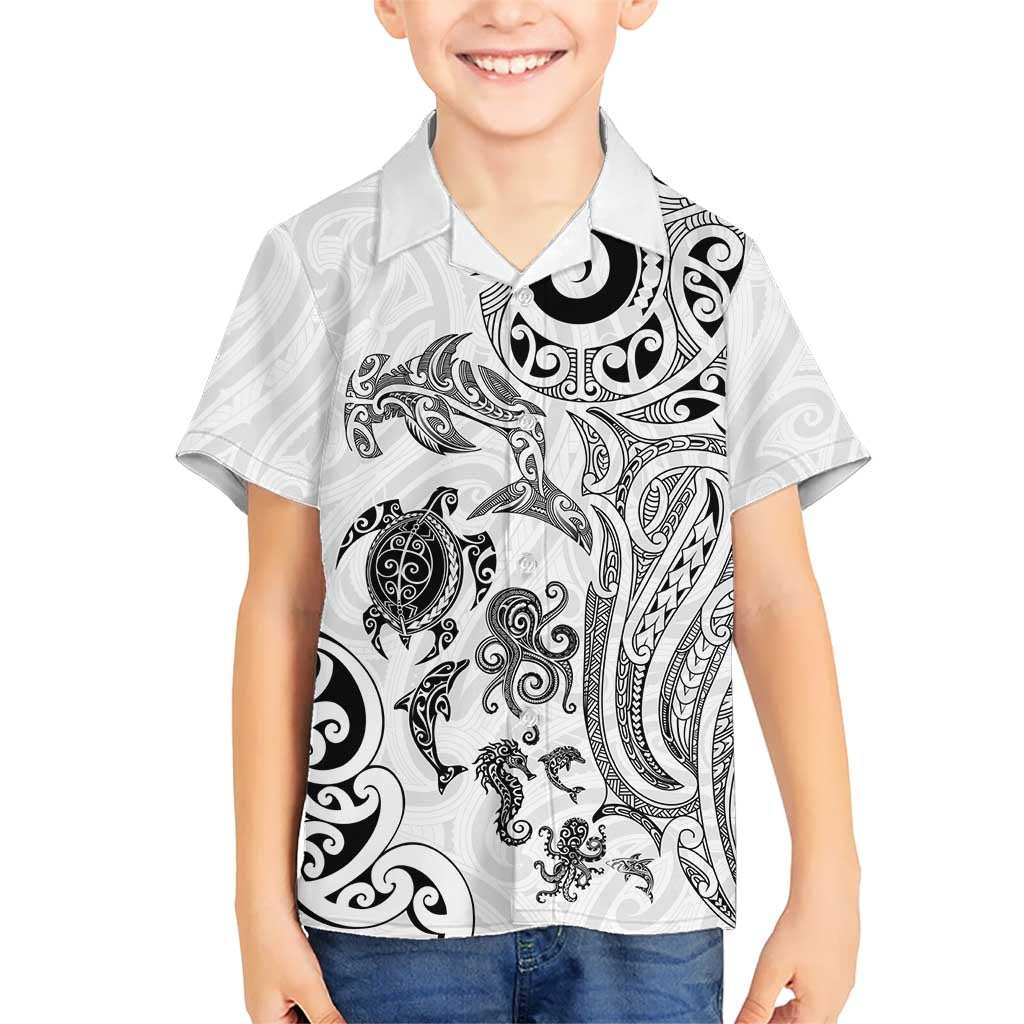 New Zealand Sea Animals with Maori Tribal Tattoo Family Matching Off The Shoulder Long Sleeve Dress and Hawaiian Shirt White Color LT03 Son's Shirt White - Polynesian Pride