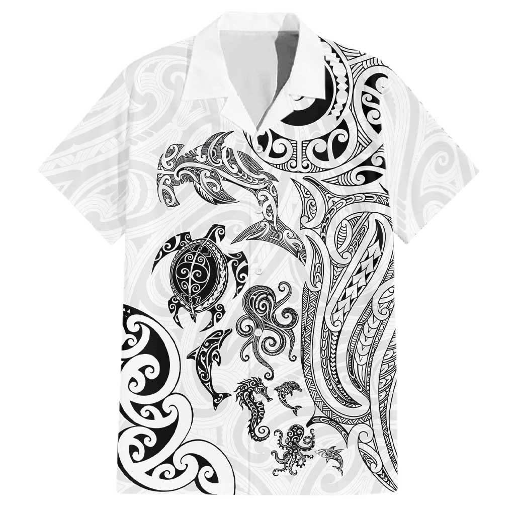 New Zealand Sea Animals with Maori Tribal Tattoo Family Matching Puletasi and Hawaiian Shirt White Color LT03 Dad's Shirt - Short Sleeve White - Polynesian Pride