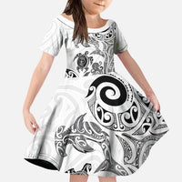 New Zealand Sea Animals with Maori Tribal Tattoo Family Matching Tank Maxi Dress and Hawaiian Shirt White Color LT03 Daughter's Dress White - Polynesian Pride