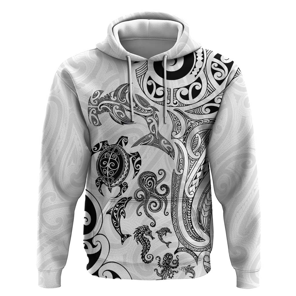 New Zealand Sea Animals with Maori Tribal Tattoo Hoodie White Color