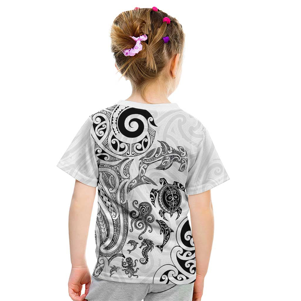 New Zealand Sea Animals with Maori Tribal Tattoo Kid T Shirt White Color LT03 - Polynesian Pride