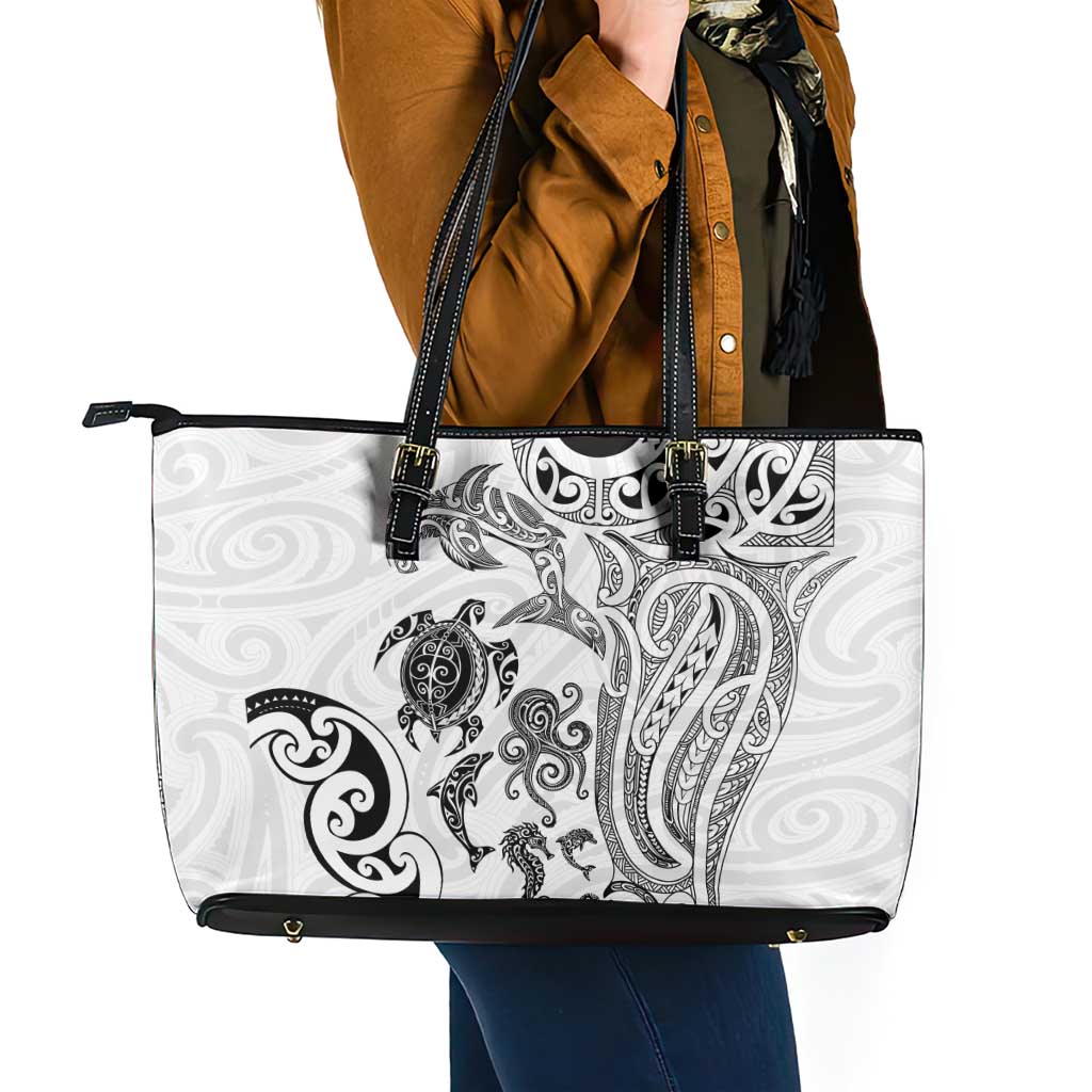 New Zealand Sea Animals with Maori Tribal Tattoo Leather Tote Bag White Color LT03 - Polynesian Pride