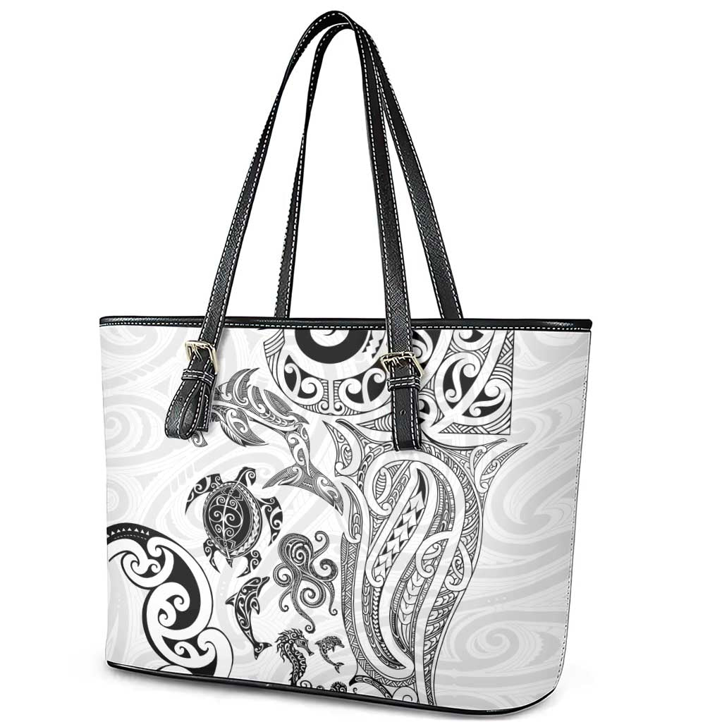 New Zealand Sea Animals with Maori Tribal Tattoo Leather Tote Bag White Color LT03 - Polynesian Pride