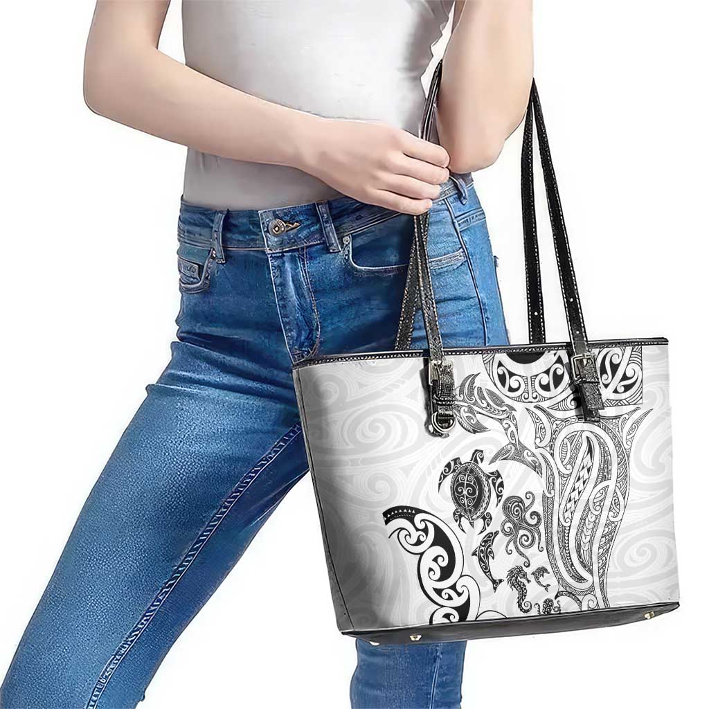 New Zealand Sea Animals with Maori Tribal Tattoo Leather Tote Bag White Color LT03 - Polynesian Pride