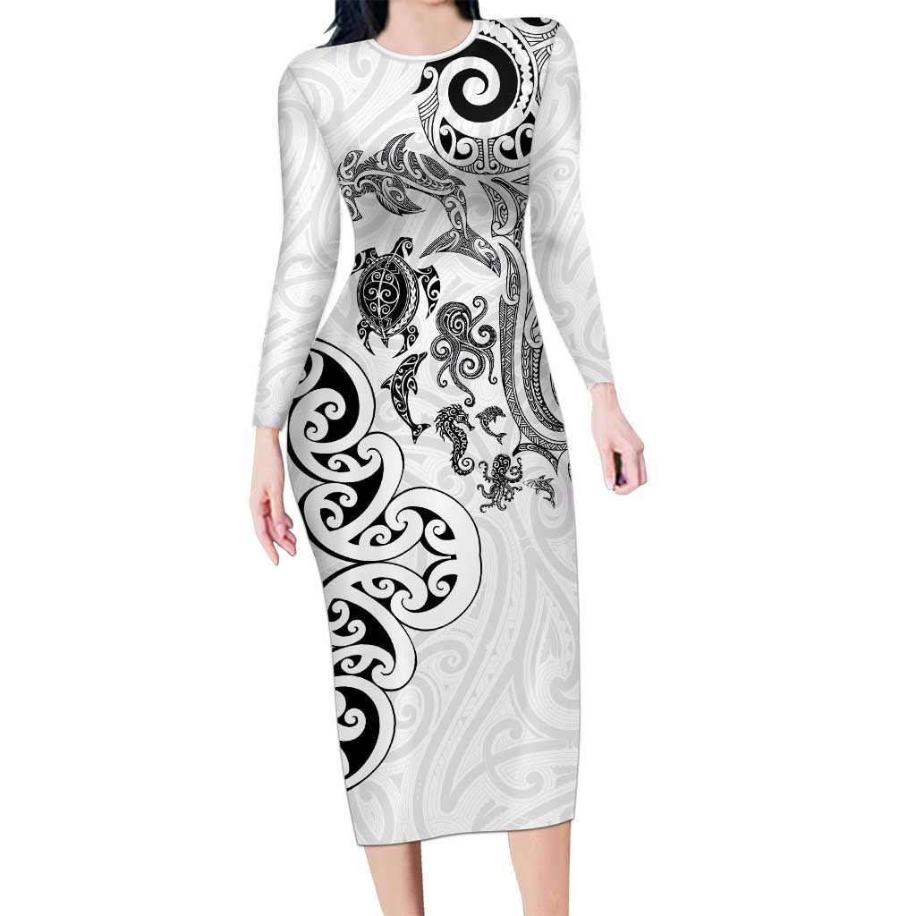 New Zealand Sea Animals with Maori Tribal Tattoo Long Sleeve Bodycon Dress White Color