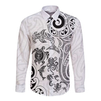 New Zealand Sea Animals with Maori Tribal Tattoo Long Sleeve Button Shirt White Color