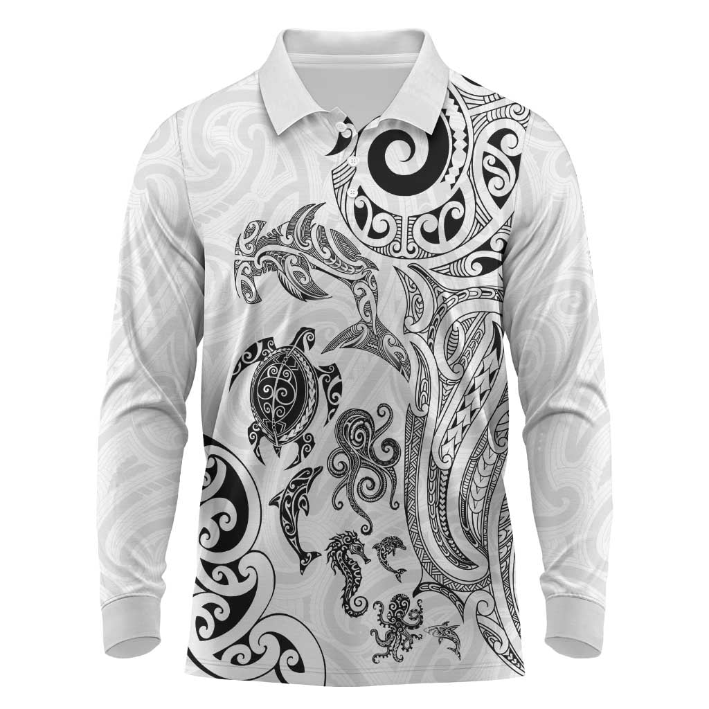 New Zealand Sea Animals with Maori Tribal Tattoo Long Sleeve Polo Shirt White Color LT03 White - Polynesian Pride