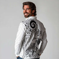 New Zealand Sea Animals with Maori Tribal Tattoo Long Sleeve Polo Shirt White Color LT03 - Polynesian Pride