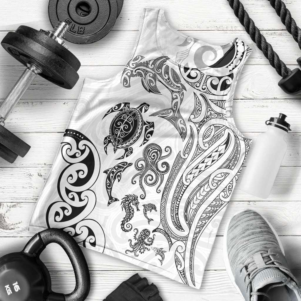 New Zealand Sea Animals with Maori Tribal Tattoo Men Tank Top White Color LT03 - Polynesian Pride