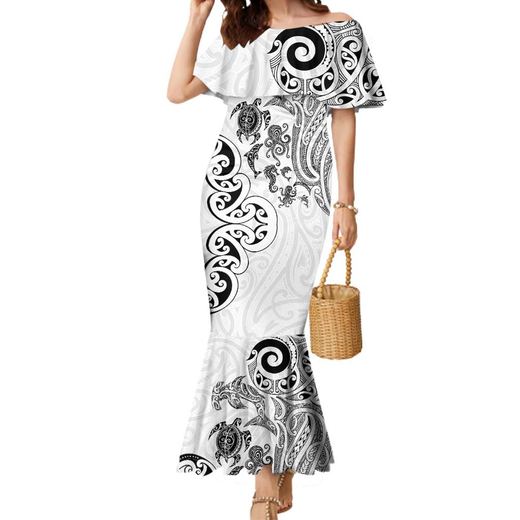 New Zealand Sea Animals with Maori Tribal Tattoo Mermaid Dress White Color LT03 Women White - Polynesian Pride