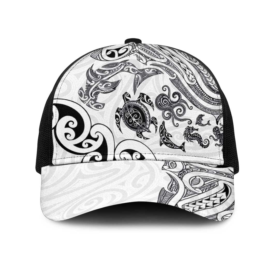 New Zealand Sea Animals with Maori Tribal Tattoo Mesh Trucker Cap White Color