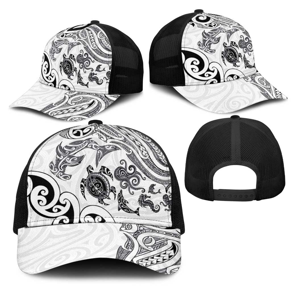 New Zealand Sea Animals with Maori Tribal Tattoo Mesh Trucker Cap White Color