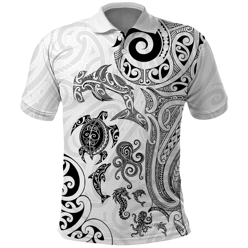 New Zealand Sea Animals with Maori Tribal Tattoo Polo Shirt White Color LT03 White - Polynesian Pride