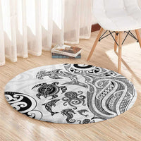 New Zealand Sea Animals with Maori Tribal Tattoo Round Carpet White Color