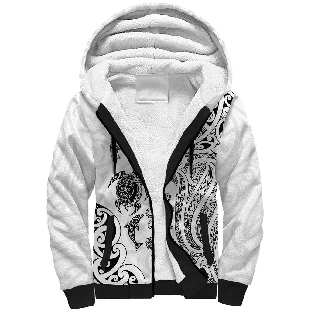 New Zealand Sea Animals with Maori Tribal Tattoo Sherpa Hoodie White Color LT03 Unisex White - Polynesian Pride