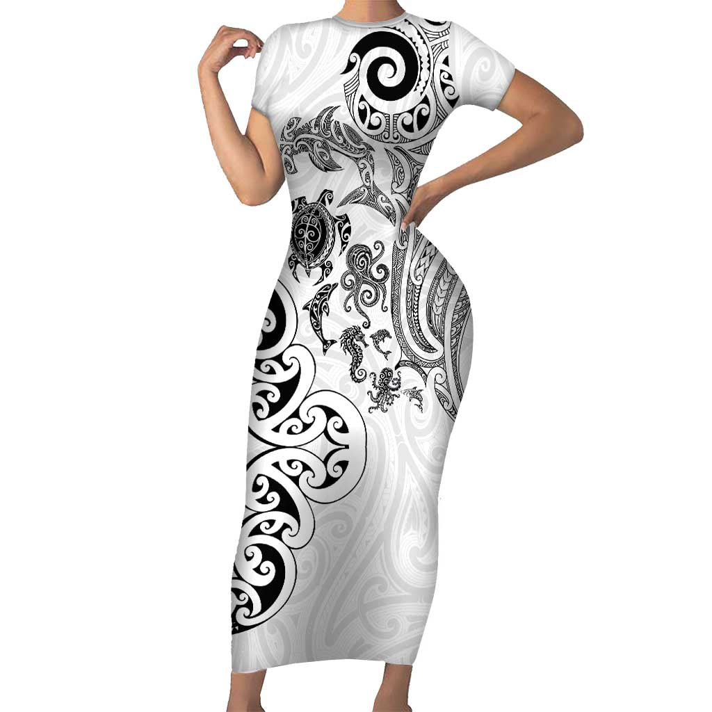 New Zealand Sea Animals with Maori Tribal Tattoo Short Sleeve Bodycon Dress White Color LT03 Long Dress White - Polynesian Pride