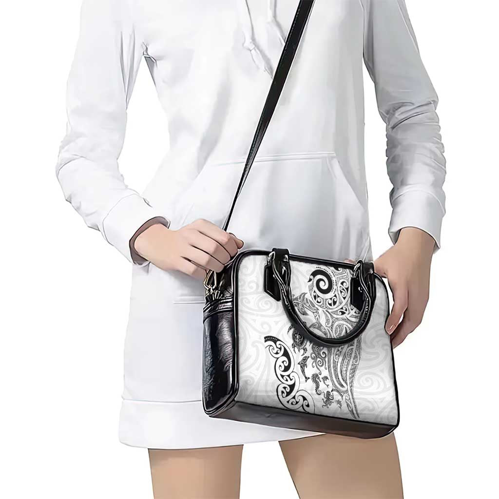 New Zealand Sea Animals with Maori Tribal Tattoo Shoulder Handbag White Color