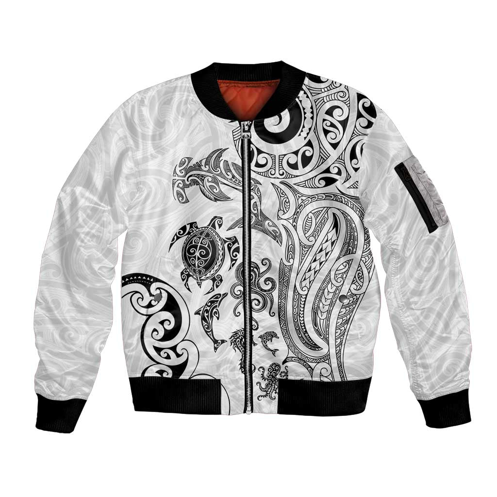 New Zealand Sea Animals with Maori Tribal Tattoo Sleeve Zip Bomber Jacket White Color LT03 Unisex White - Polynesian Pride