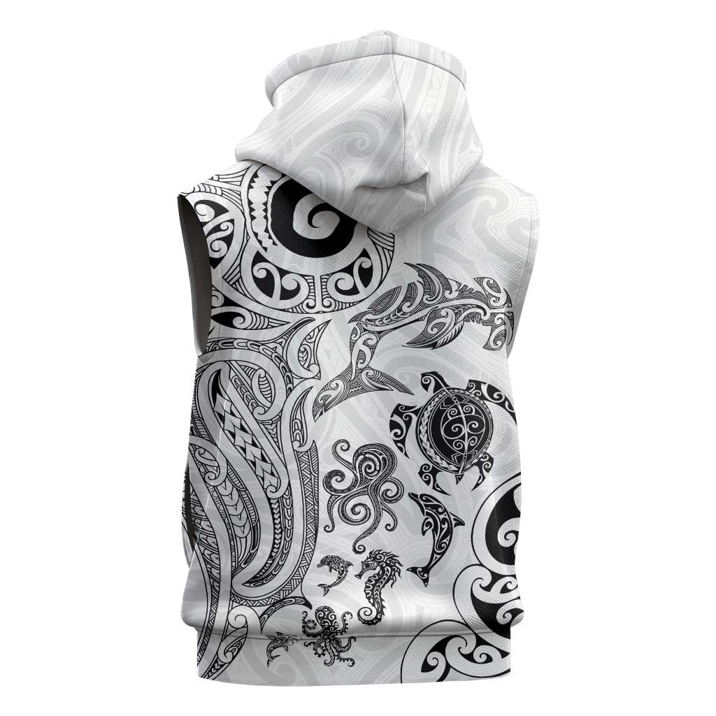 New Zealand Sea Animals with Maori Tribal Tattoo Sleeveless Hoodie White Color LT03 - Polynesian Pride