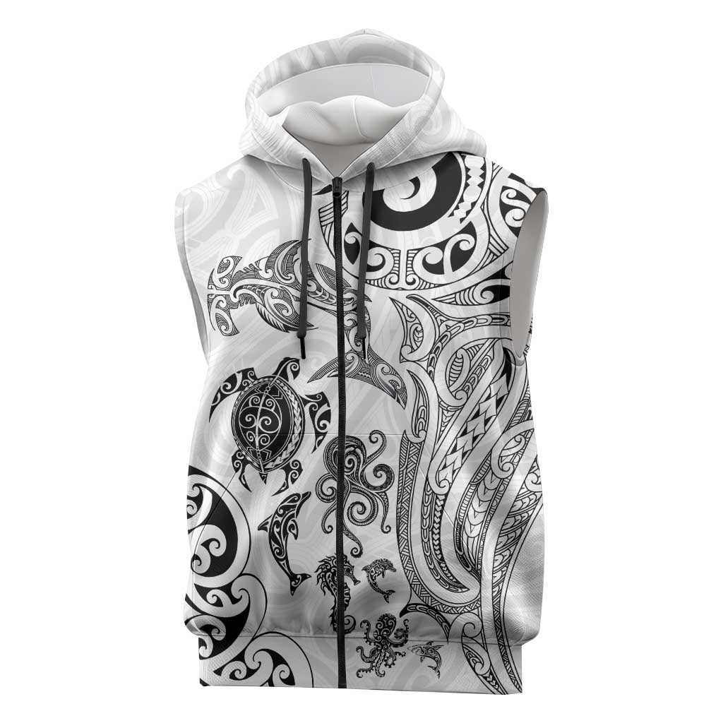 New Zealand Sea Animals with Maori Tribal Tattoo Sleeveless Zip Hoodie White Color LT03 White - Polynesian Pride