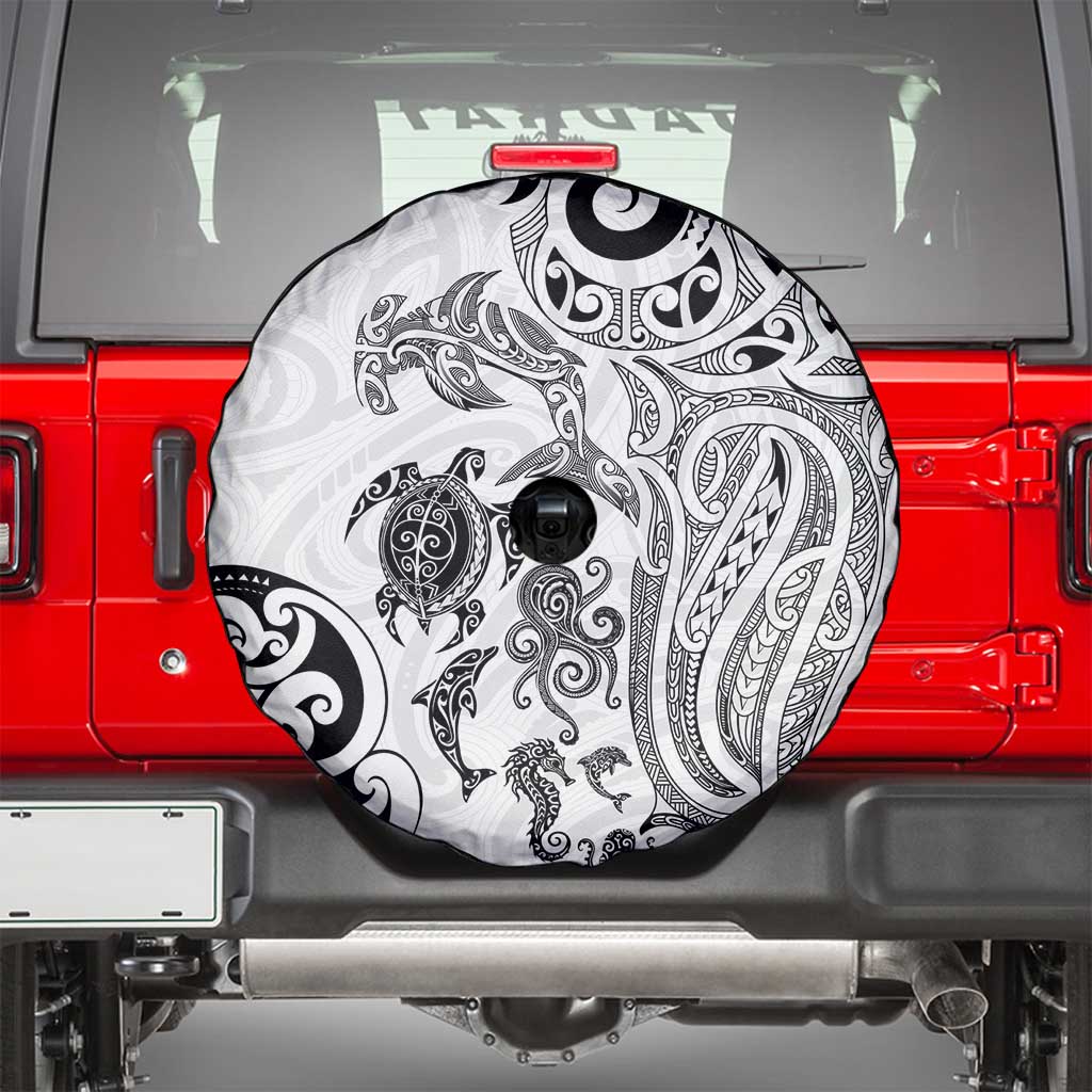 New Zealand Sea Animals with Maori Tribal Tattoo Spare Tire Cover White Color LT03 - Polynesian Pride