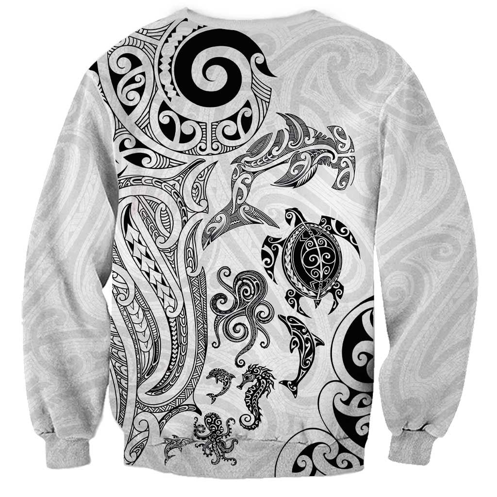 New Zealand Sea Animals with Maori Tribal Tattoo Sweatshirt White Color