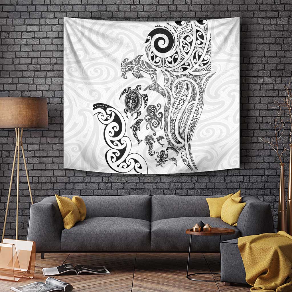 New Zealand Sea Animals with Maori Tribal Tattoo Tapestry White Color LT03 White - Polynesian Pride