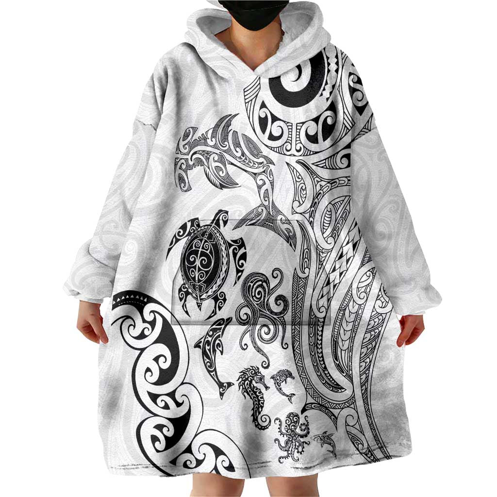 New Zealand Sea Animals with Maori Tribal Tattoo Wearable Blanket Hoodie White Color LT03 - Polynesian Pride