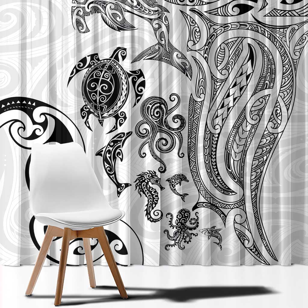 New Zealand Sea Animals with Maori Tribal Tattoo Window Curtain White Color