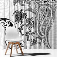 New Zealand Sea Animals with Maori Tribal Tattoo Window Curtain White Color