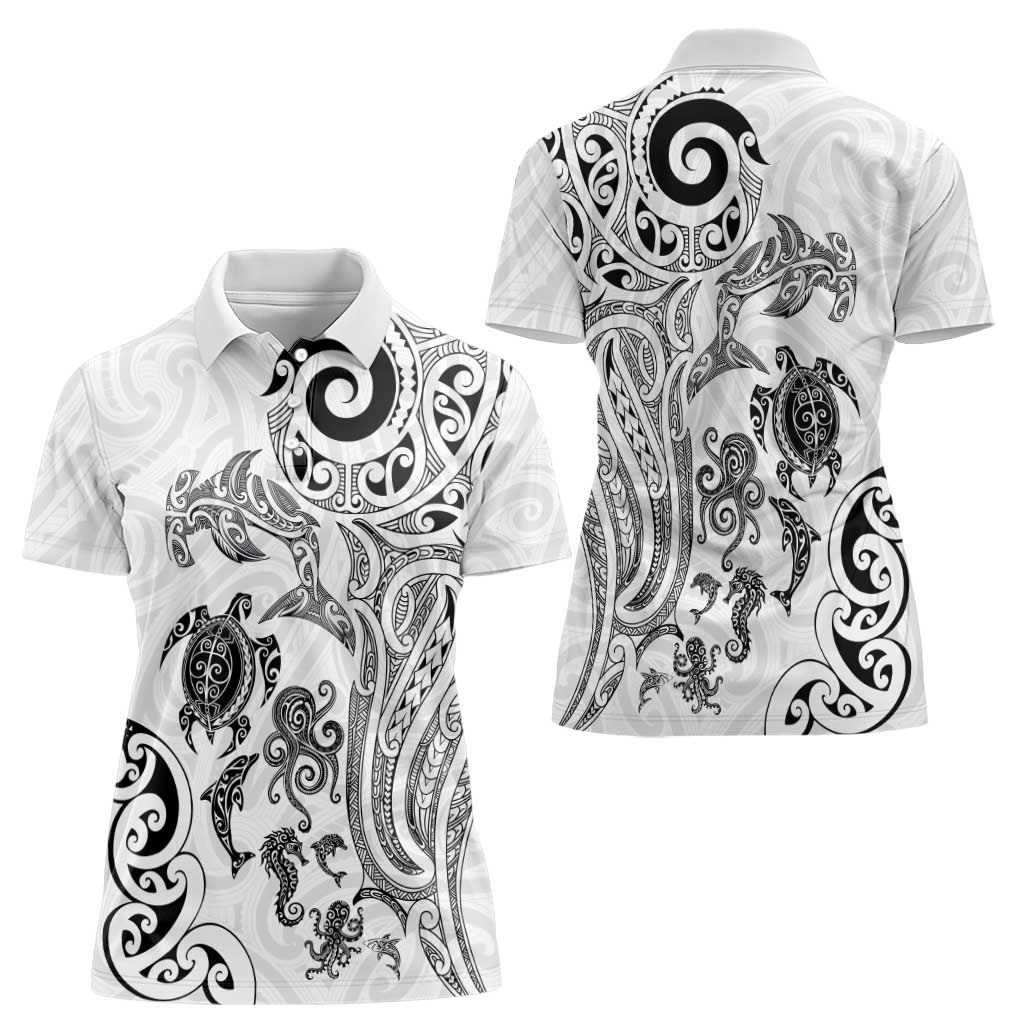 New Zealand Sea Animals with Maori Tribal Tattoo Women Polo Shirt White Color LT03 - Polynesian Pride