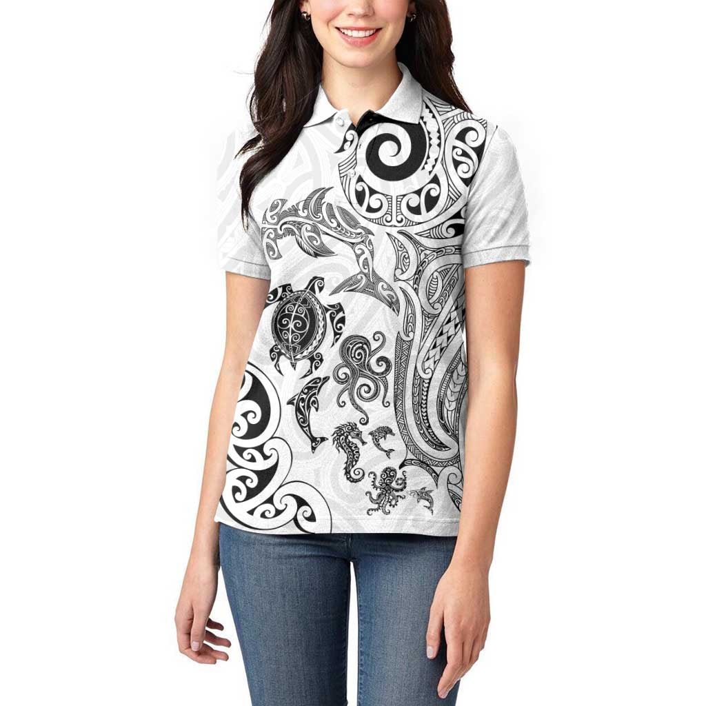 New Zealand Sea Animals with Maori Tribal Tattoo Women Polo Shirt White Color LT03 - Polynesian Pride