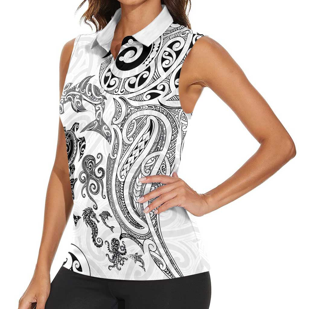 New Zealand Sea Animals with Maori Tribal Tattoo Women Sleeveless Polo Shirt White Color LT03 - Polynesian Pride