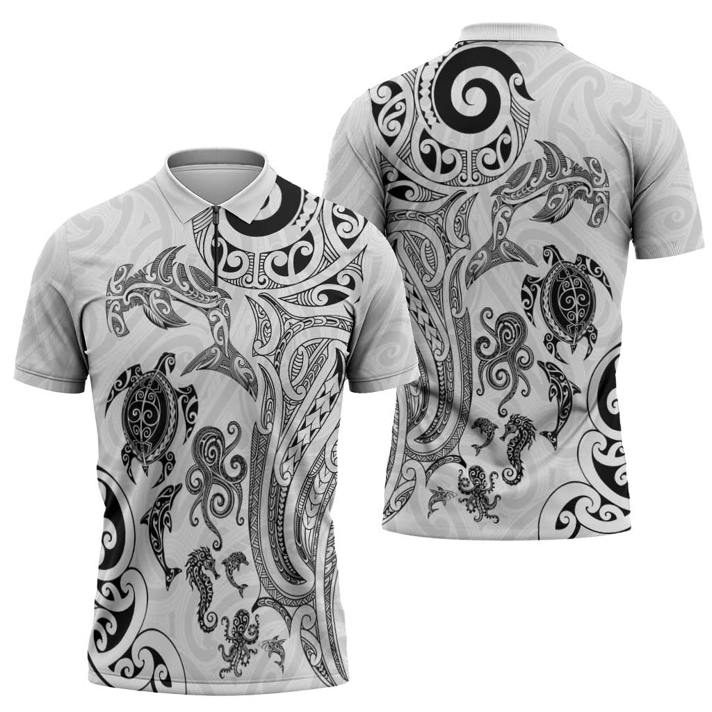 New Zealand Sea Animals with Maori Tribal Tattoo Zipper Polo Shirt White Color LT03 - Polynesian Pride