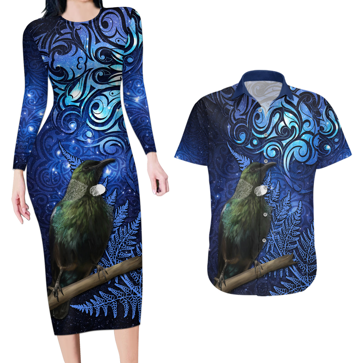 New Zealand Tui Bird Matariki Couples Matching Long Sleeve Bodycon Dress and Hawaiian Shirt Maori New Year with Galaxy Fern LT03 Blue - Polynesian Pride