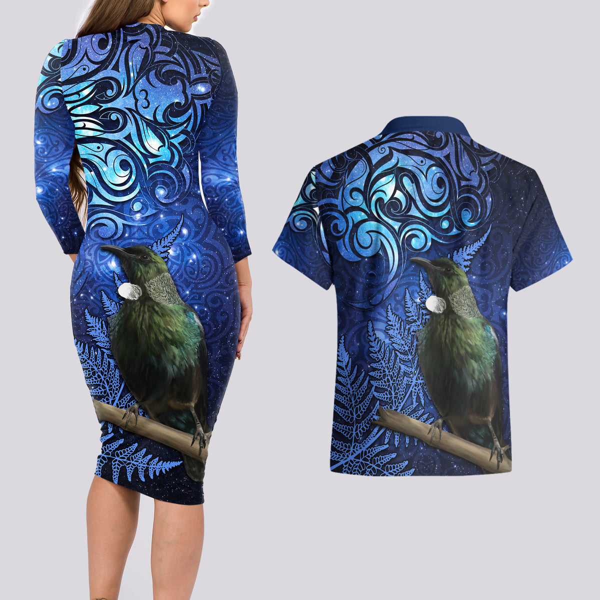 New Zealand Tui Bird Matariki Couples Matching Long Sleeve Bodycon Dress and Hawaiian Shirt Maori New Year with Galaxy Fern LT03 - Polynesian Pride
