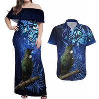 New Zealand Tui Bird Matariki Couples Matching Off Shoulder Maxi Dress and Hawaiian Shirt Maori New Year with Galaxy Fern LT03 Blue - Polynesian Pride