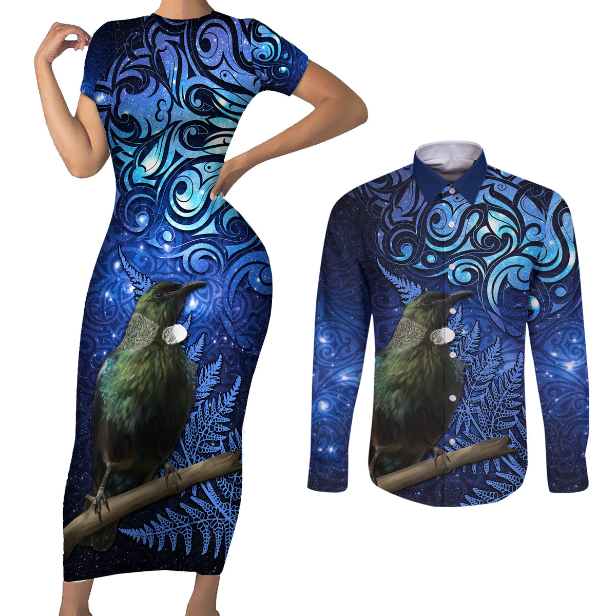 New Zealand Tui Bird Matariki Couples Matching Short Sleeve Bodycon Dress and Long Sleeve Button Shirt Maori New Year with Galaxy Fern LT03 Blue - Polynesian Pride