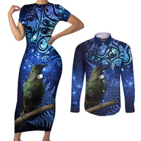 New Zealand Tui Bird Matariki Couples Matching Short Sleeve Bodycon Dress and Long Sleeve Button Shirt Maori New Year with Galaxy Fern LT03 Blue - Polynesian Pride